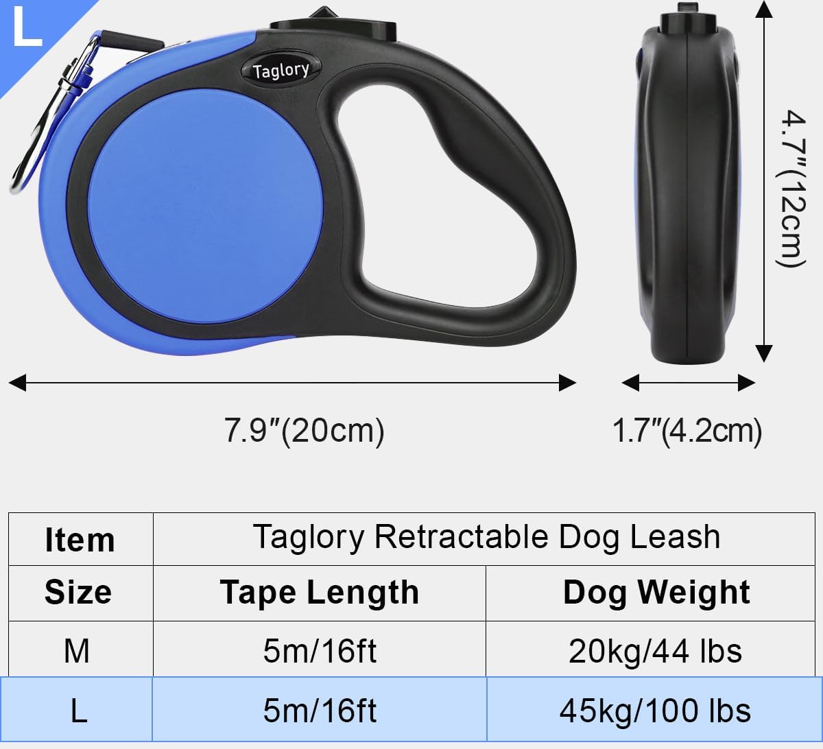 Taglory Retractable Dog Leash, One-Handed Brake, Up to 44 lbs - Blue / Large - image 4