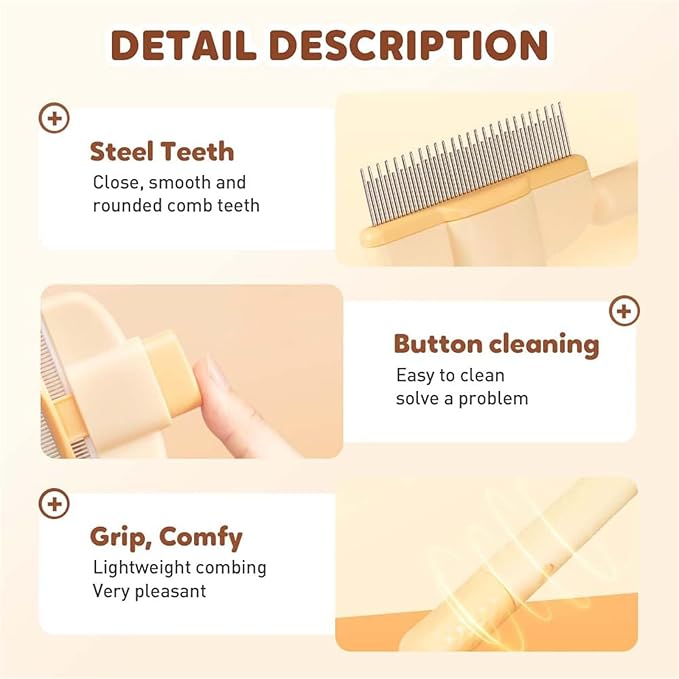 Avatore Zenbrush Cat Comb, Zen Brush for Cats, 2025 Upgraded Cat Brush with Release Button, Flea Comb for Cats, Click Self Cleaning Pet Hair Removal Combs (Yellow*2)