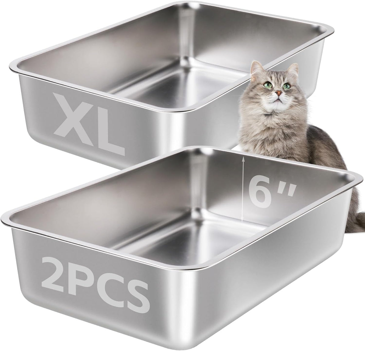 Stainless Steel Litter Box 2 Pack，Metal Litter Box - 2packs-XL-6" H