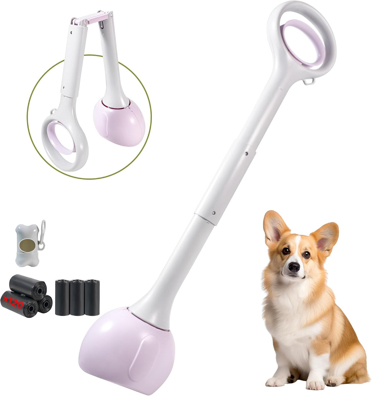 Dog Pooper Scooper Portable with Bag Attachment - 28in + Purple + 120 garbage bags + dispenser