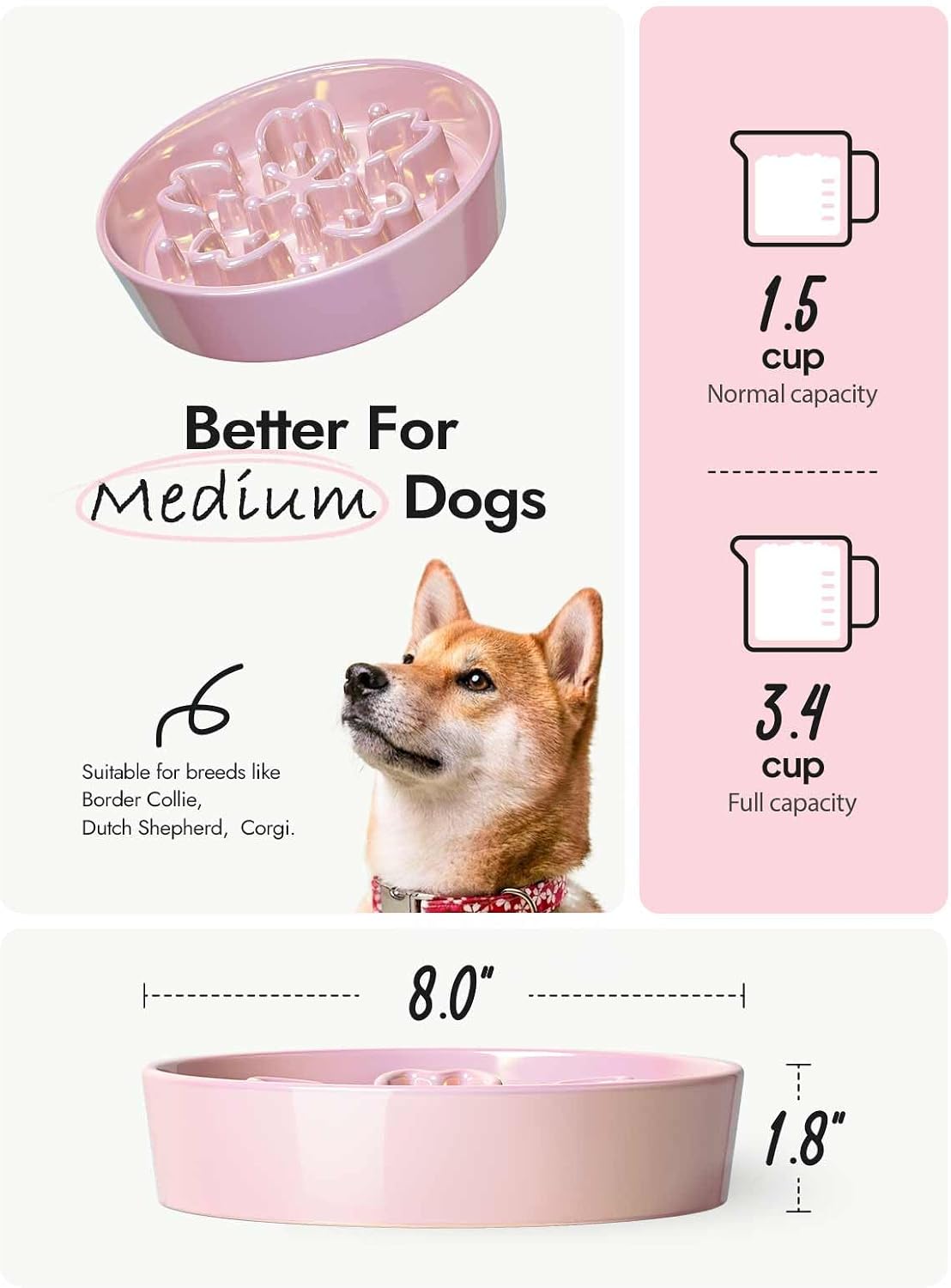LE TAUCI Ceramic Slow Feeder Dog Bowls Small Breed - Sakura Pink / M-1.5 Cups - image 4