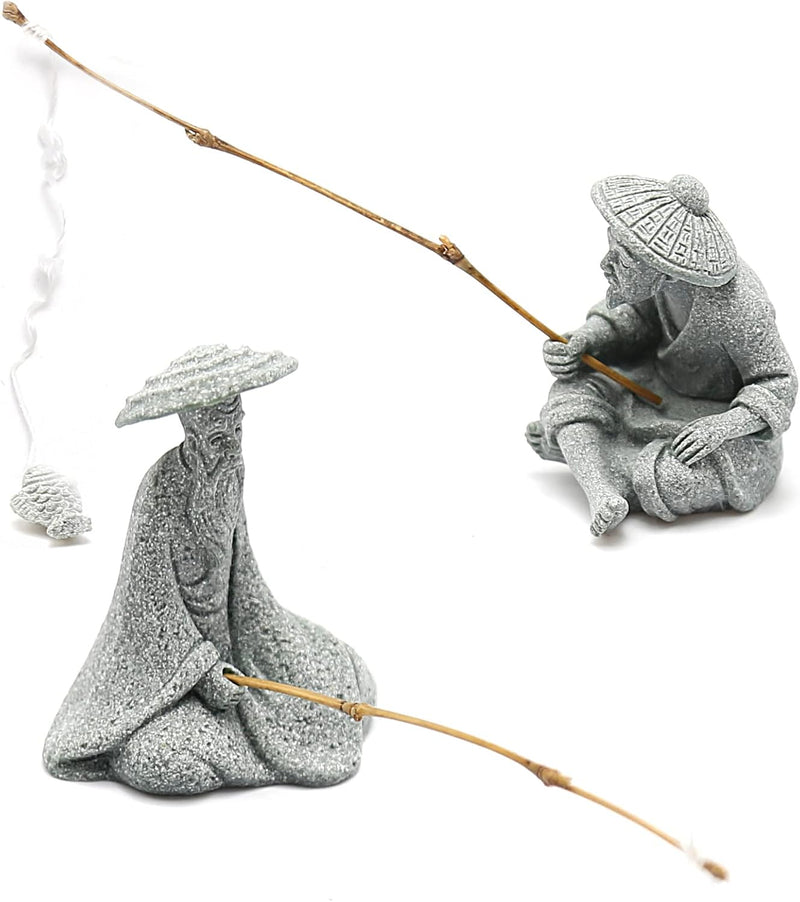 2PCS Sitting Fishing Figurines Sandstone Vintage Ornament Japanese - Small Size