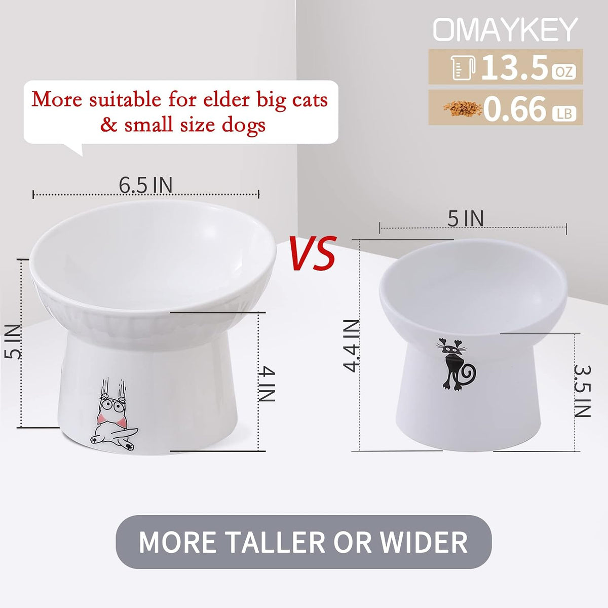 6.5 Inch Extra Wide Ceramic Raised Cat Bowl Set - White & Grey - image 3