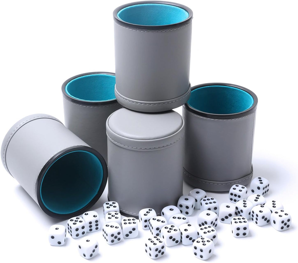 5 Pack PU Leather Dice Cups Felt Lining Quiet Shaker with 30 Dot Dice - Grey