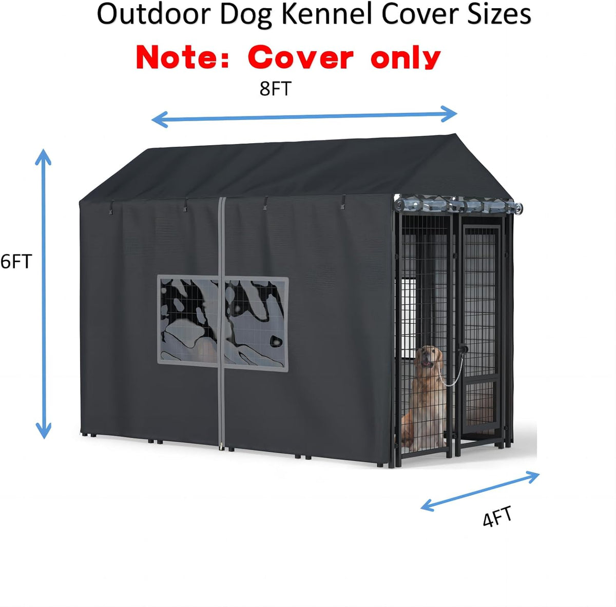 Outdoor Dog Kennel Cover, 8.1'Dx4.1'Wx6H, Full Coverage Black – Essentials for Dogs - Black / 8'D x 4'W x 6'H - image 2