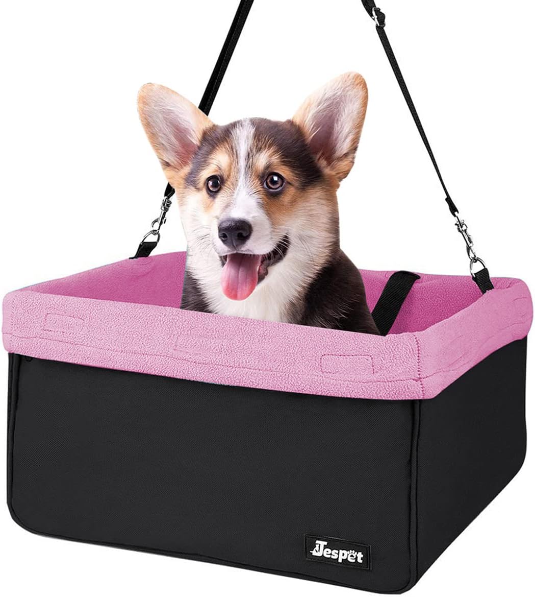 Jespet Dog Booster Seat for Cars, Travel Carrier with Seat Belt – Essentials for Dogs - Pink-16 L x 13" D x 9" H