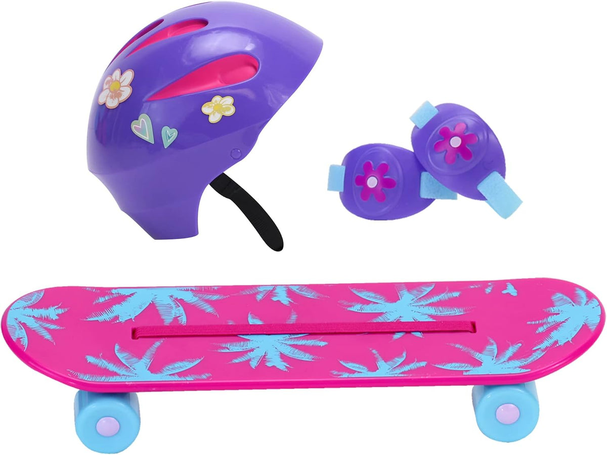 Sophia's palm tree print doll skateboard with helmet and knee pads for 18 inch dolls