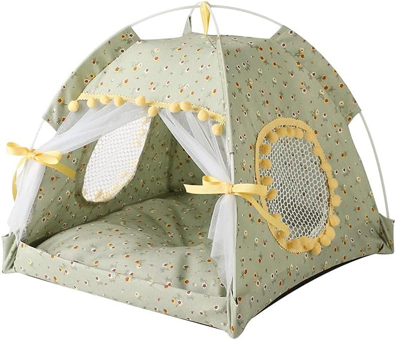 Selena Cat Bed Tents Dog House Indoor Outdoor Lace Mesh Breathable - Large / Green&Yellow