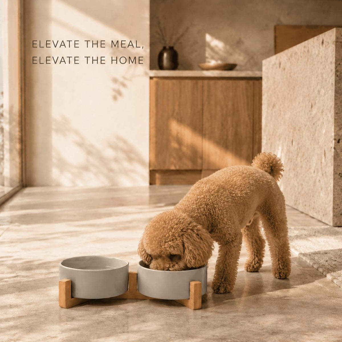 SPUNKYJUNKY Ceramic Dog and Cat Bowl with Wood Stand Non-Slip Matte - 1.7 cups / Grey × 2 - image 2