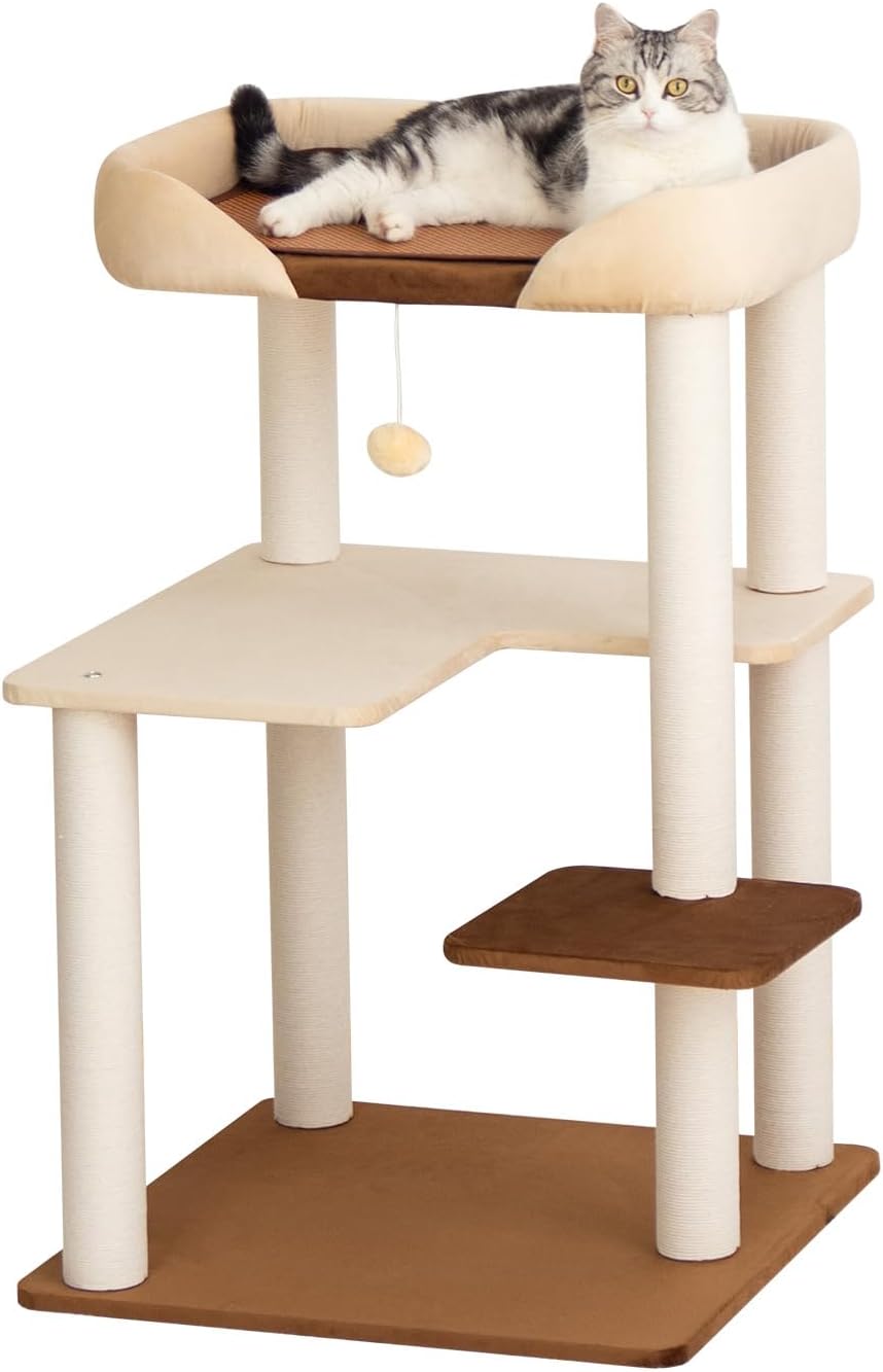 37.5" Cat Tree Tower for Large & Senior Cats, Low-Step Design – Essentials for Cats - Cream 37.4''