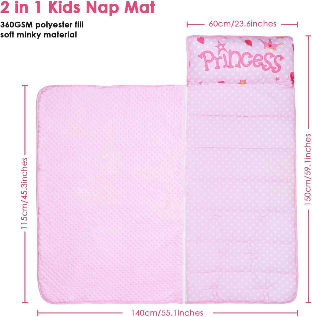 Kids Nap Mat Portable Slumber Bags with Removable Pillow and Blanket - Pink Princess - image 2
