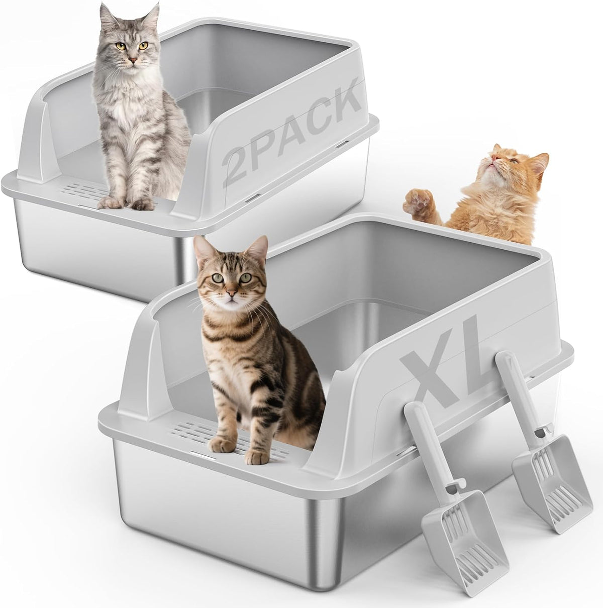 2PACK Stainless Steel Litter Box - Silver Grey / XL