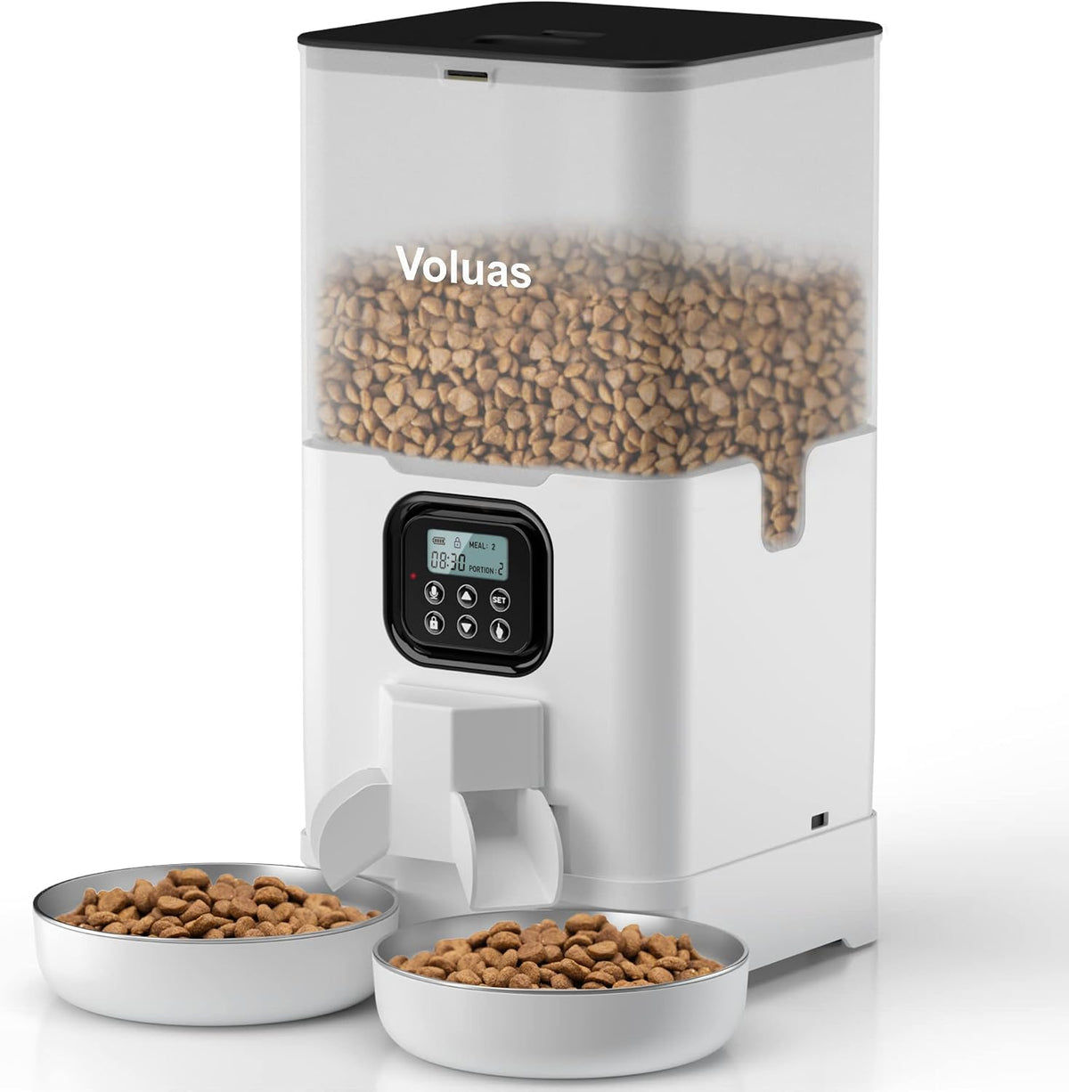 VOLUAS Automatic Cat Feeder for Two Cats with Dual Stainless Bowls - White Transparent / 6L