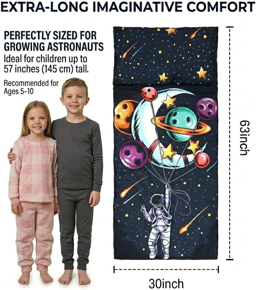 hallo bunny kids sleeping bag with attached pillow, extra-long slumber bag shown in space astronaut  - view 11