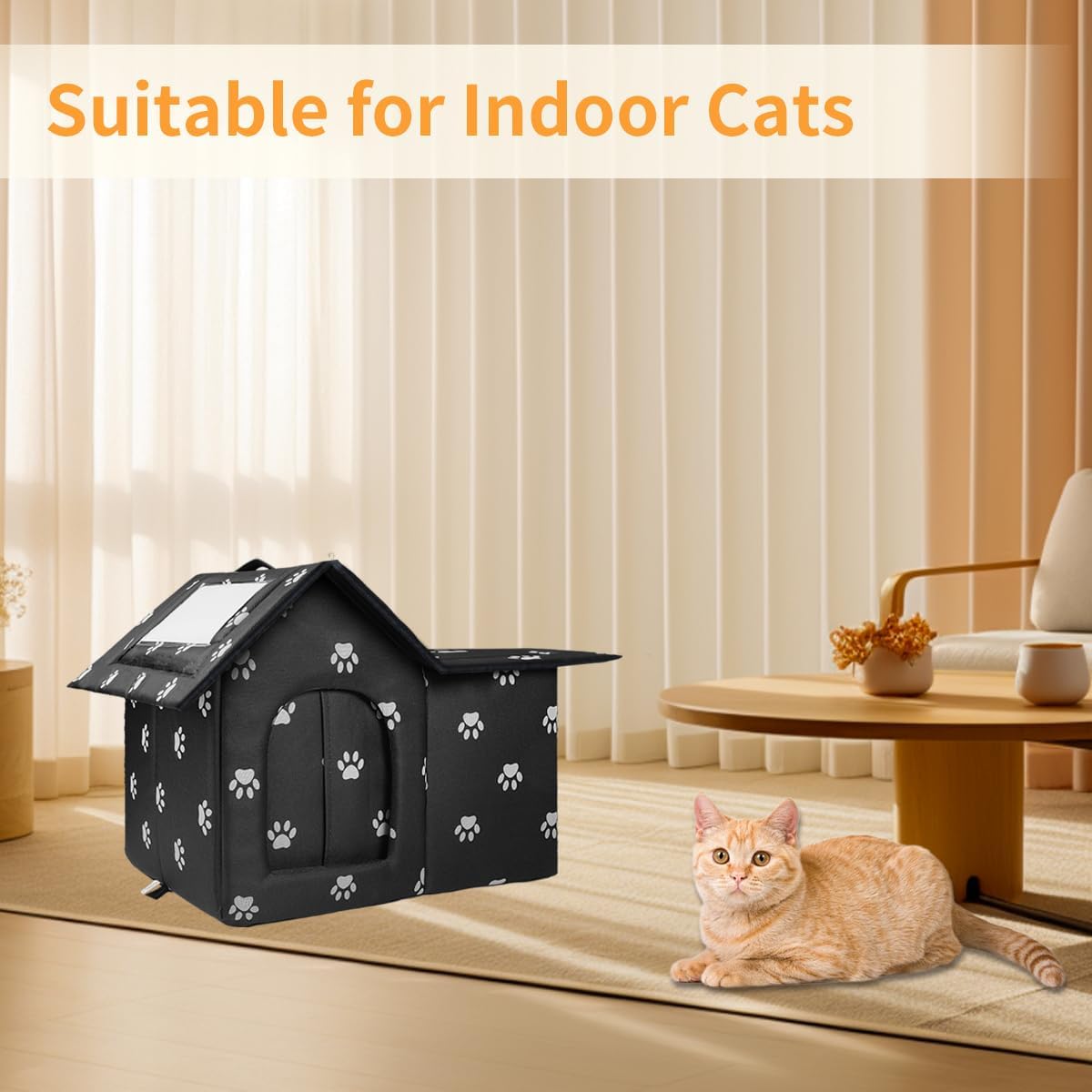 Outdoor Cat House Weatherproof, Large Feral Cat House for Winter - Black with White Cat Paw Prints / 17" x 13" x 15" - image 4