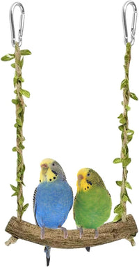 Natural Wood Bird Swing Perch with Decorative Leaves – Essentials for Birds - Green / Middle