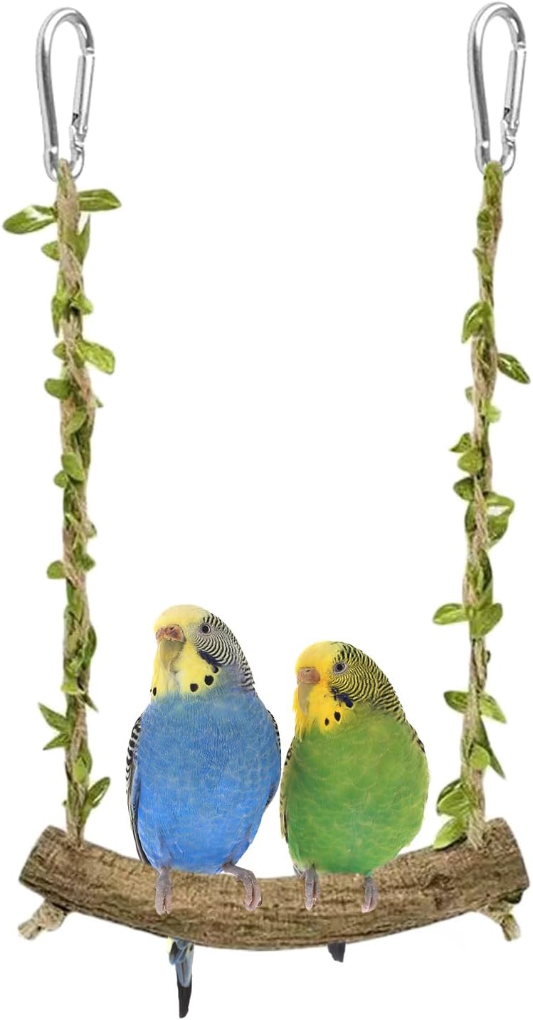 Natural Wood Bird Swing Perch with Decorative Leaves – Essentials for Birds - Green / Middle