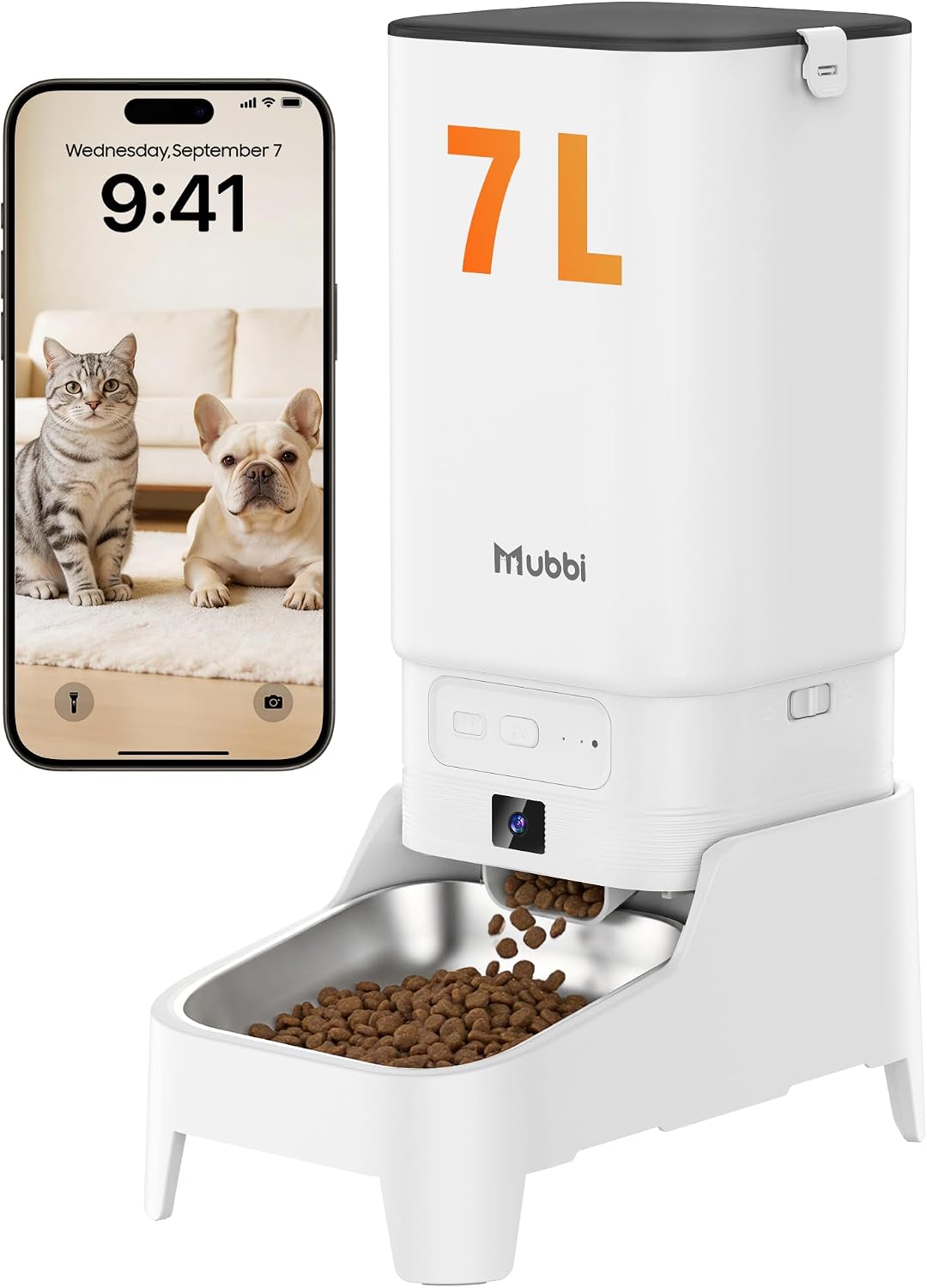 Automatic Dog Feeder with Elevated Stand - White-7L Camera / Camera with Stand