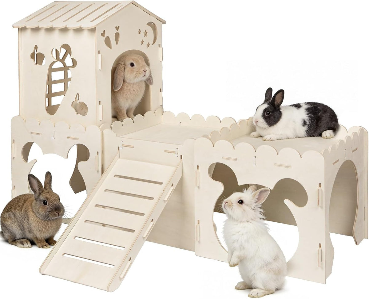Large Rabbit House, Wooden Bunny Castle with 3 Houses Indoor - 4 Houses