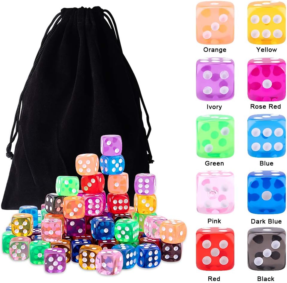 AUSTOR 100 Pcs 12mm Dice 6 Sided Game Dice Set with a Drawstring Pouch – Fun for Kids & Family - Translucent Rounded, 12mm - image 3