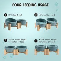 SPUNKYJUNKY 15° Slanted Ceramic Dog and Cat Bowl with Wooden Stand, Tilted Bulldog Food and Water Bowl No Slip Non-Spill for Cats Medium Dogs Big Face Pets 13.5 OZ (1.7 Cups, Light Green × 2)
