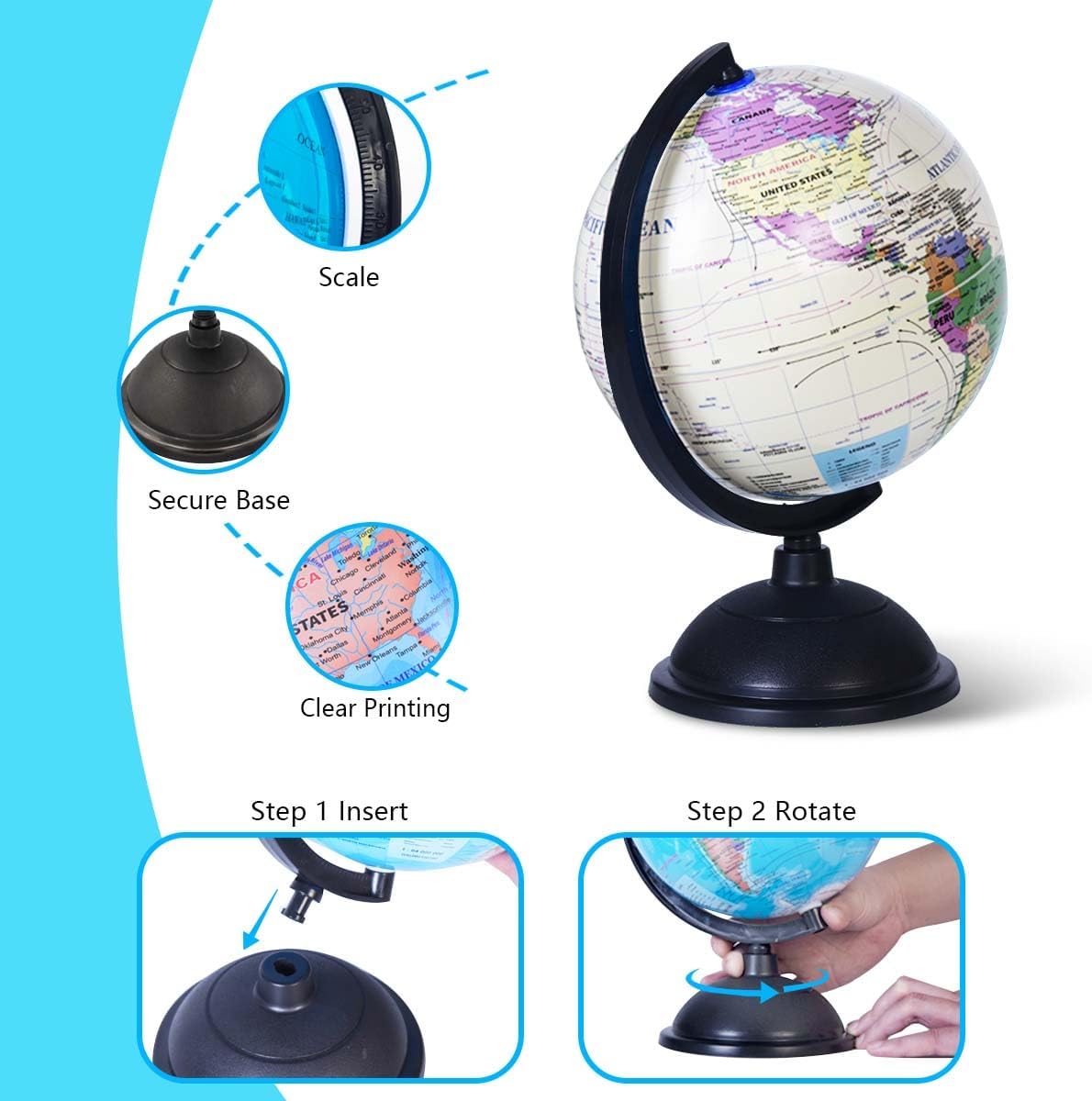 KISEER 8 Inch World Globe with Stand Rotating Earth Spinning Globe - White - image 3