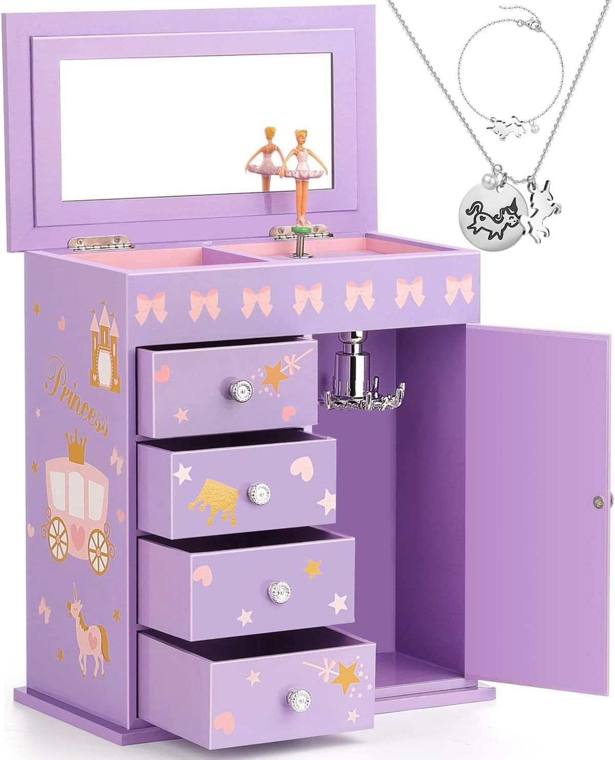 Jewelry Box for Girls 5-Layer with Swing Door Spinning Ballerina - Purple