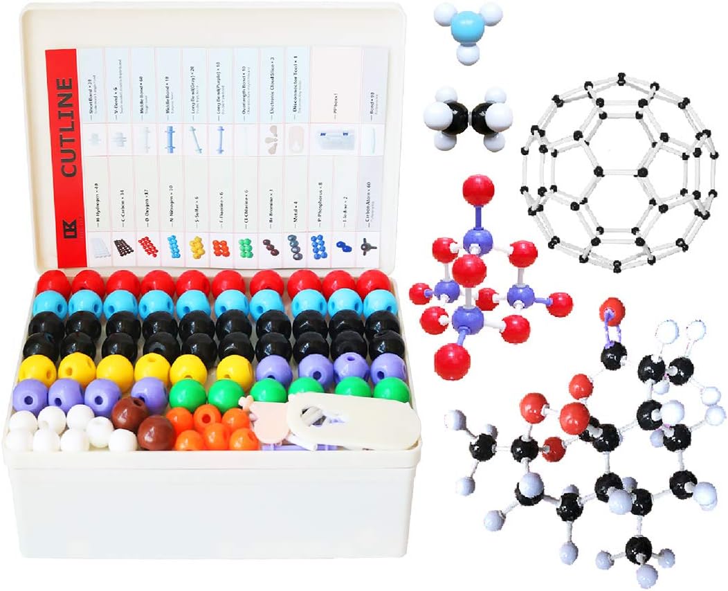 LINKTOR 444 piece chemistry molecular model kit with colored atoms, bonds and fullerene parts