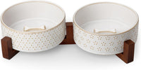 MALACASA Dog Bowl Set, Ceramic Bowls with Walnut Wood Stand - Five-leaf Grass+Honeycomb / 4 Cups