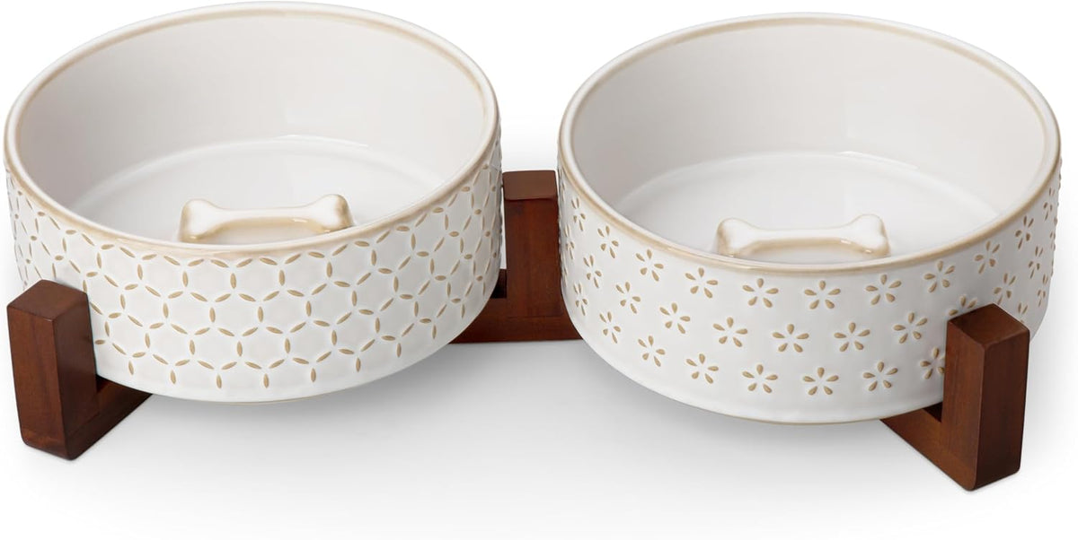 MALACASA Dog Bowl Set, Ceramic Bowls with Walnut Wood Stand - Five-leaf Grass+Honeycomb / 4 Cups