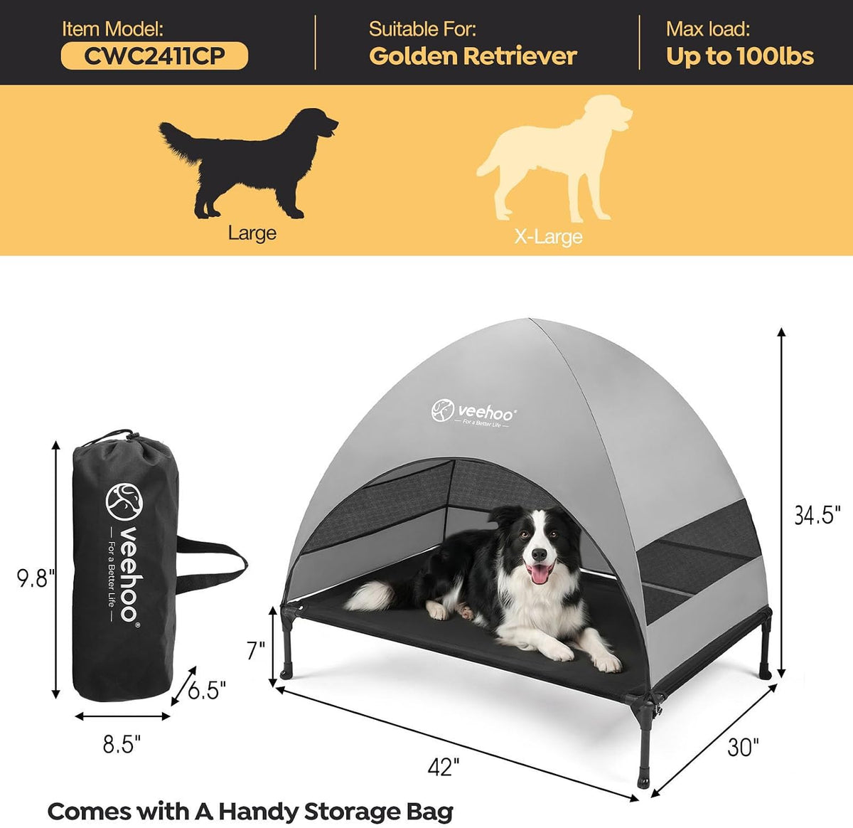 Veehoo Outdoor Dog Bed with Canopy - Black / 42.0"L x 30.0"W x 34.5"Th - image 2