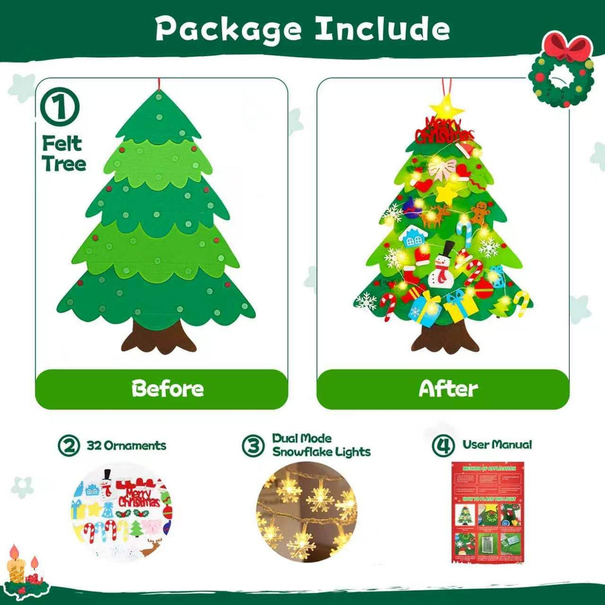 Felt Christmas Tree for Toddlers with Snowflake Light + 32 Ornament - A-Warm Light - image 2