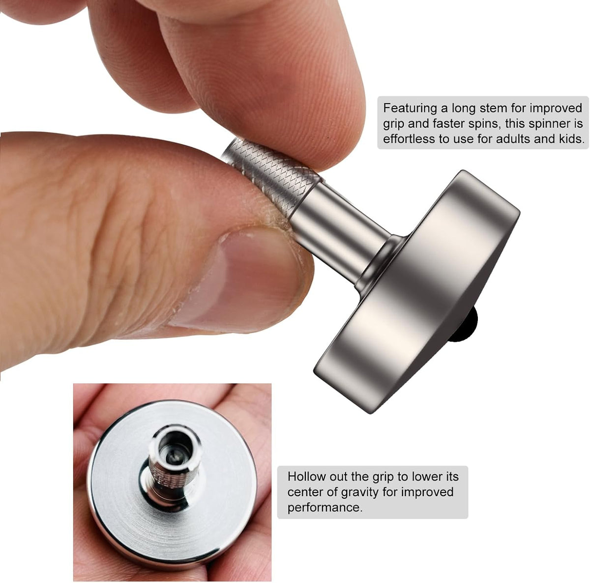 DjuiinoStar CNC machined stainless steel spinning top with ceramic tip and knurled grip - view 7