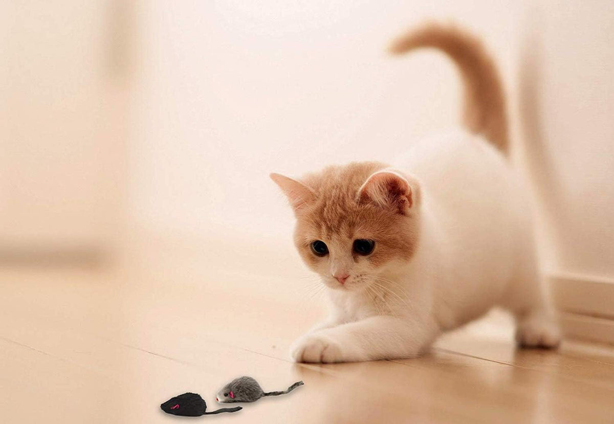 Pack of 20 handmade rabbit fur catnip mice cat toys with rattle in black, white and grey - view 4