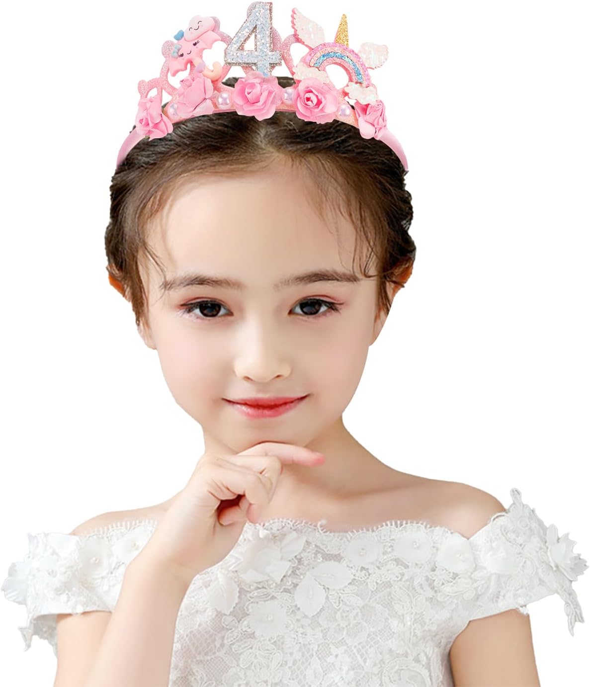 SuPoo 4th Birthday Headband Flower Crown for Girls Princess Tiara 4th - Pink-4th - image 4