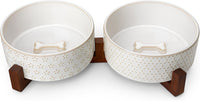 MALACASA Dog Bowl Set, Ceramic Bowls with Walnut Wood Stand - Five-leaf Grass+Honeycomb / 6 Cups
