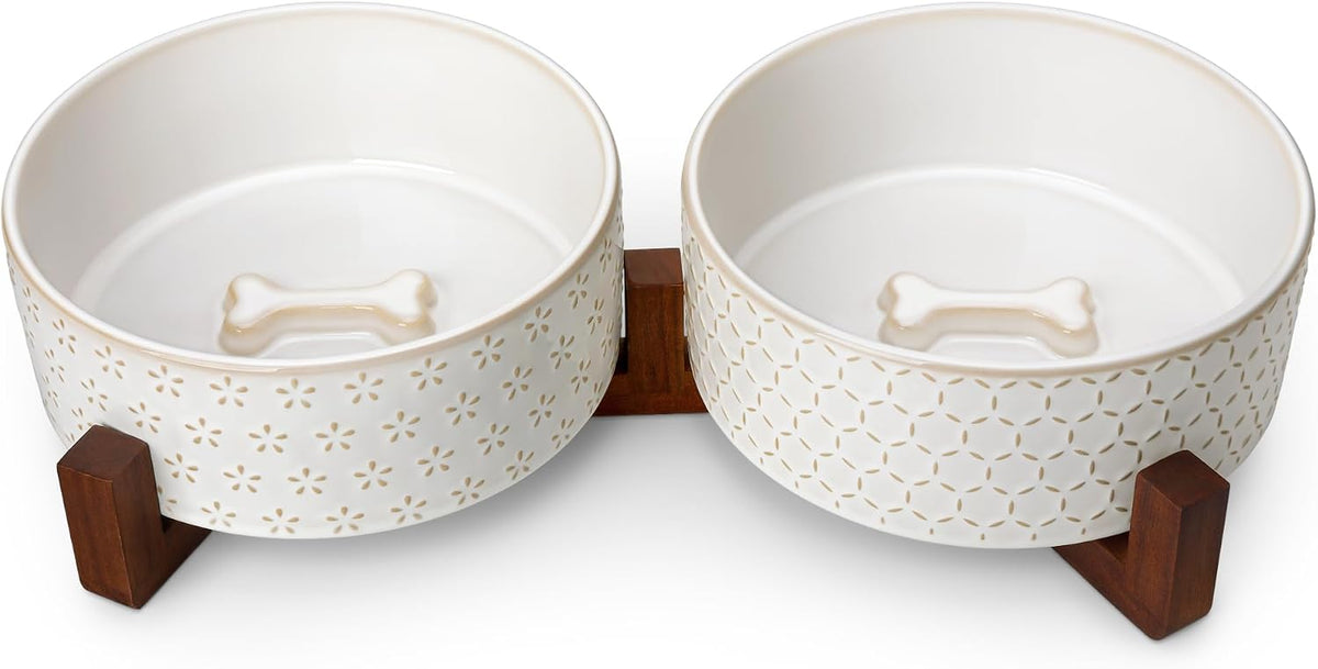 MALACASA Dog Bowl Set, Ceramic Bowls with Walnut Wood Stand - Five-leaf Grass+Honeycomb / 6 Cups