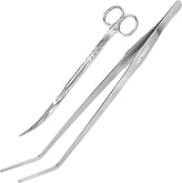 2PCS 15" Curved Aquarium Tweezers Long and 9.8" Aquarium Scissors, Feeding Tongs and Scissors with Protective Cap, Stainless Steel Aquascaping Tools for Plant Trimming and Reptile Feeding