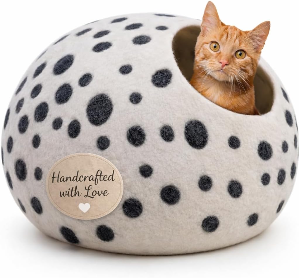 Luxurious Merino Wool Cat Cave, Cats Curl Into Instantly - White Polka
