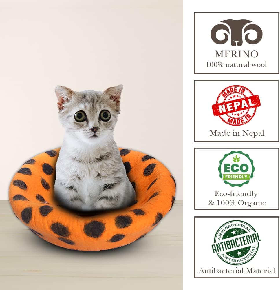 Woolygon Felt Cat Cave Bed, Merino Wool, Handcrafted – Essentials for Cats - Orange Polka - image 4