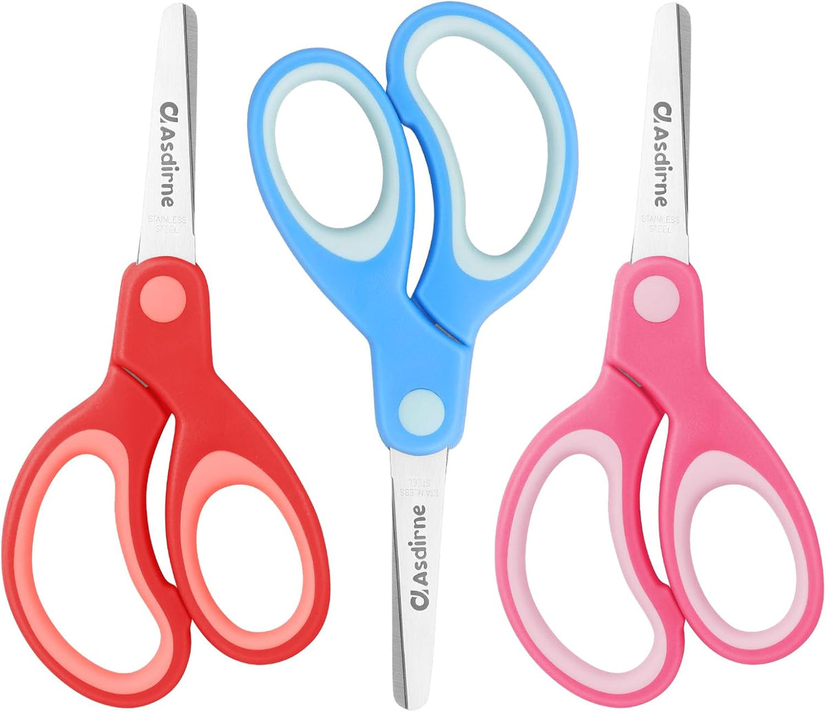 Asdirne right-handed kids safety scissors, three pairs with blunt tips and soft grips in assorted colors