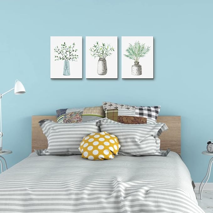 AHUASJART Canvas Wall Art - Paintings for Kitchen, Dining Room, Family Wall Decor - Green Leaf Vase, 3 Piece