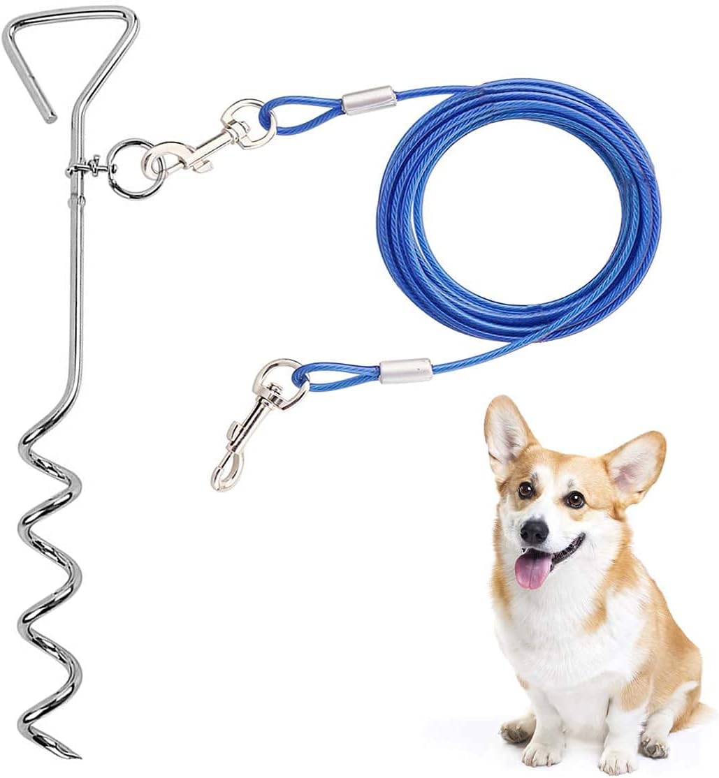 CLKHOWL dog tie out cable with spiral ground stake and swivel snaps, 16 or 30 ft