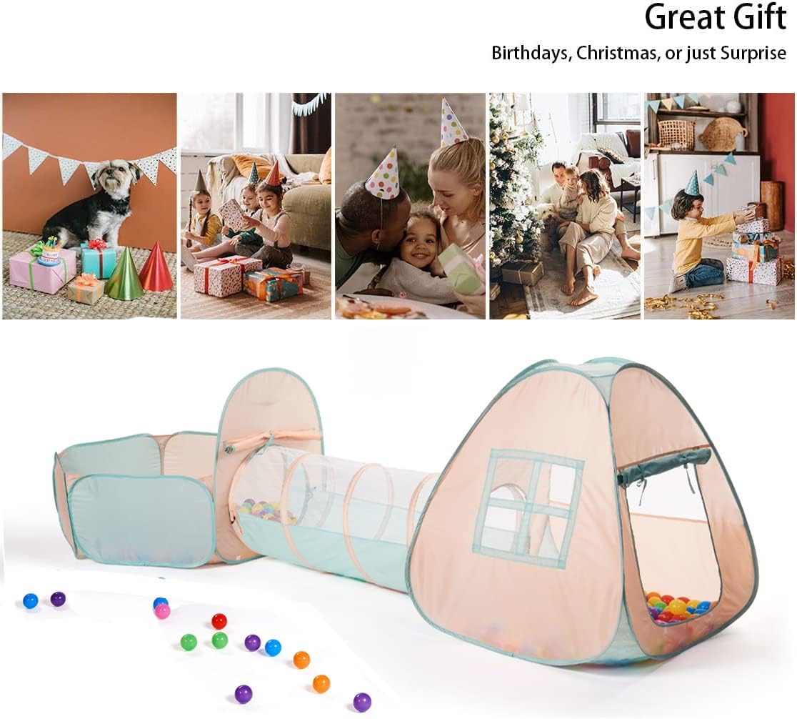 UTEX 3 in 1 Pop Up Play Tent with Tunnel - Pink/ Green & Ball Pit - image 4