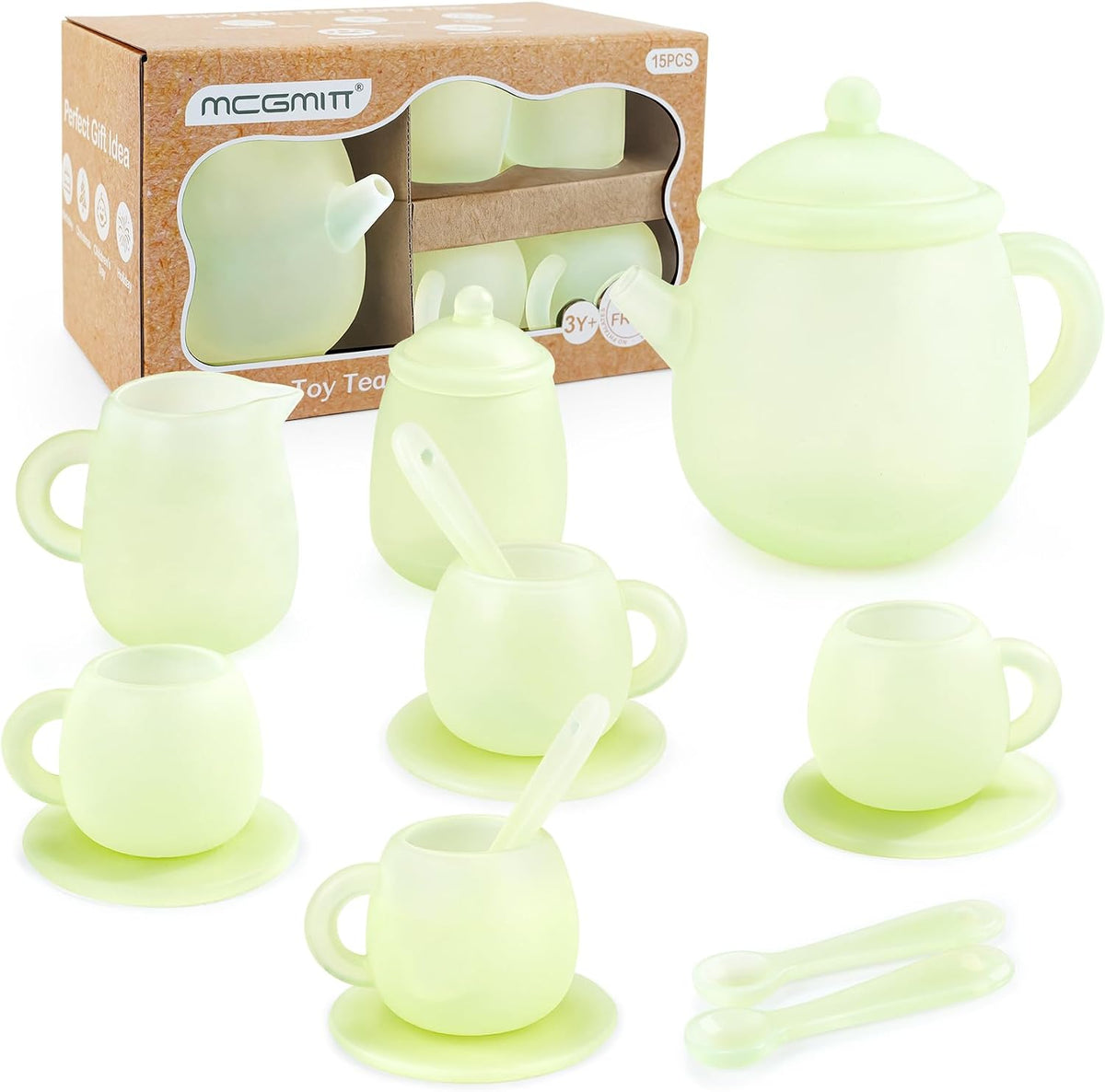 MCGMITT Silicone Tea Party Set, Toy Tea Set for Toddlers Kids - Light Green