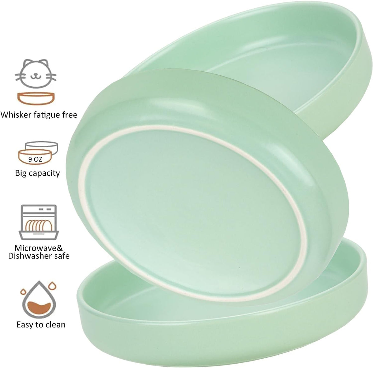 Ceramic Cat Bowls, Shallow Cat Dishes for Food and Water - Mint green - image 2