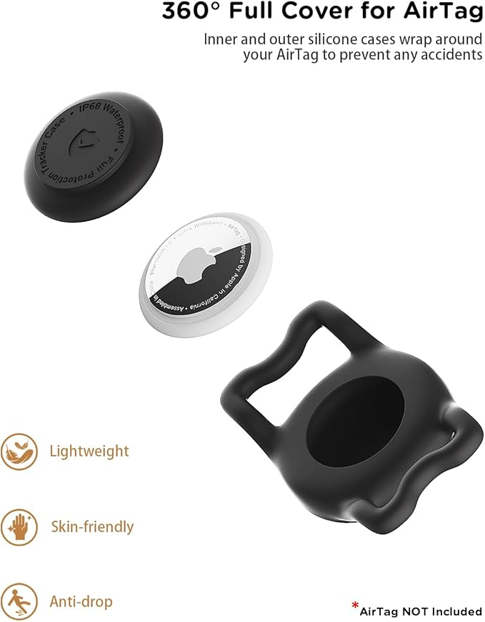 IP68 Waterpoof Dog Airtag Holder, Stretchy Silicone Full Body Covered Apple Air Tag Holder for Dog Cat Collar Fit All Width Collar (Black/Pink, 2 Pack)