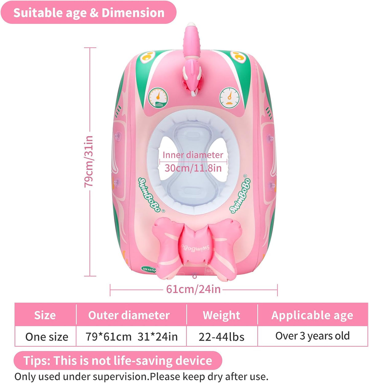 Toddler Float Inflatable Baby Swim Float with Canopy and Seat Pool - Pink Car with Water Gun - image 3