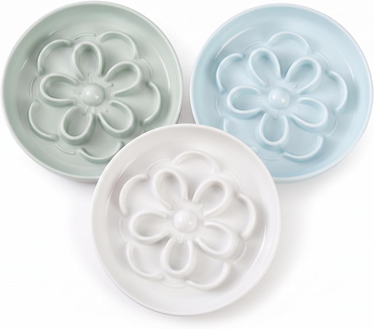 Melamine Cat Slow Feeder Bowl Set - White & Green & Blue / 3 PACK