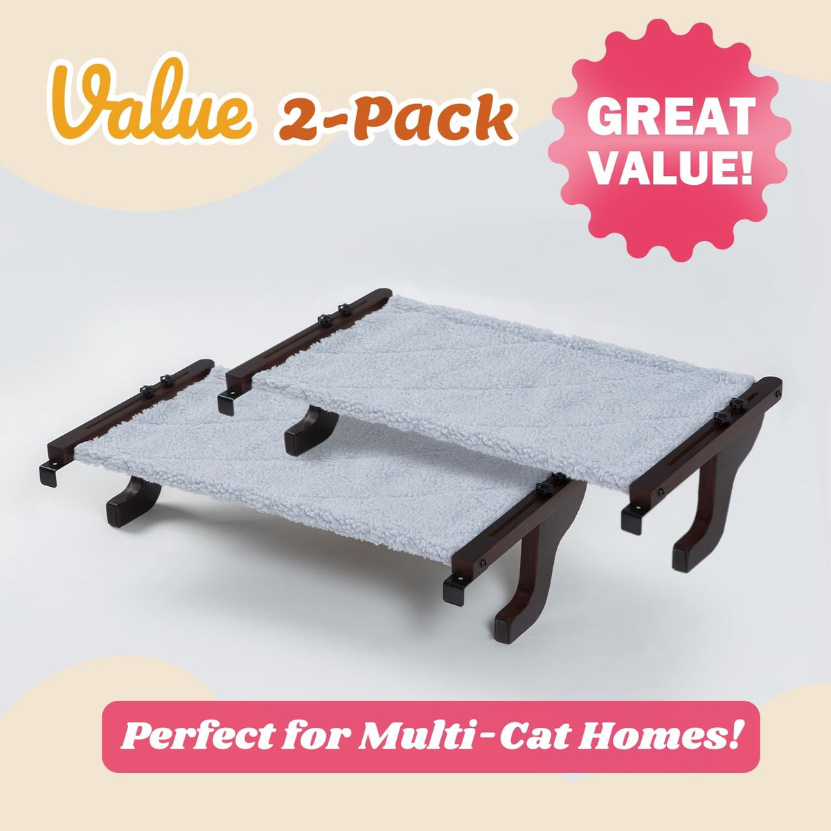Zakkart 2-PC Easy Seat Cat Perch for Windowsill – Essentials for Cats - Dark Stained Wood w/ Gray Bed / Medium 2PC - image 2